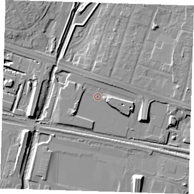 Shaded relief map of the ground around RM138TB, computed from Environment Agency LiDAR. The ground here sits at about 2 m above sea level and falls 12 m across the surrounding 800 m. Surface water reaching this point runs off ground lying to the west-south-west, 4.4 m higher.