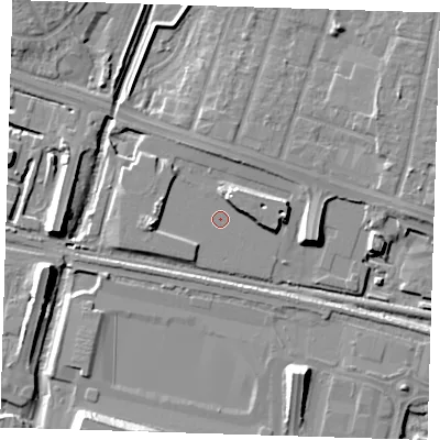 Shaded relief map of the ground around RM138TD, computed from Environment Agency LiDAR. The ground here sits at about 2 m above sea level and falls 11 m across the surrounding 800 m. Surface water reaching this point runs off ground lying to the west, 4.6 m higher.