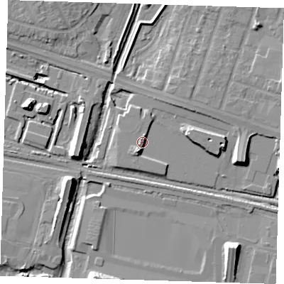 Shaded relief map of the ground around RM138TE, computed from Environment Agency LiDAR. The ground here sits at about 4 m above sea level and falls 13 m across the surrounding 800 m. Surface water reaching this point runs off ground lying to the south-south-west, 4.4 m higher.