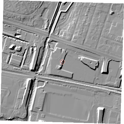 Shaded relief map of the ground around RM138TG, computed from Environment Agency LiDAR. The ground here sits at about 4 m above sea level and falls 12 m across the surrounding 800 m. Surface water reaching this point runs off ground lying to the south-south-west, 4.4 m higher.