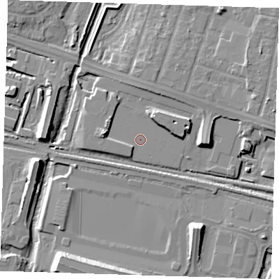 Shaded relief map of the ground around RM138TN, computed from Environment Agency LiDAR. The ground here sits at about 2 m above sea level and falls 13 m across the surrounding 800 m. Surface water reaching this point runs off ground lying to the west, 4.6 m higher.