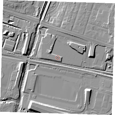 Shaded relief map of the ground around RM138TQ, computed from Environment Agency LiDAR. The ground here sits at about 3 m above sea level and falls 13 m across the surrounding 800 m. Surface water reaching this point runs off ground lying to the north-west, 4.4 m higher.