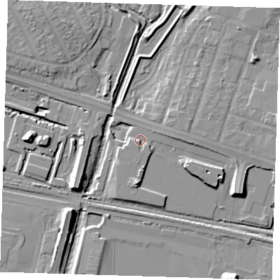 Shaded relief map of the ground around RM138TW, computed from Environment Agency LiDAR. The ground here sits at about 2 m above sea level and falls 12 m across the surrounding 800 m. Surface water reaching this point runs off ground lying to the south-south-west, 1.6 m higher.