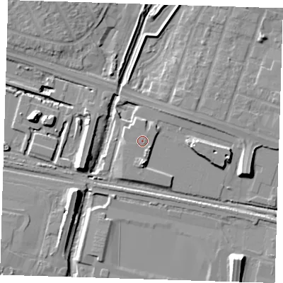 Shaded relief map of the ground around RM138XG, computed from Environment Agency LiDAR. The ground here sits at about 4 m above sea level and falls 12 m across the surrounding 800 m. Surface water reaching this point runs off ground lying to the south, 2.5 m higher.