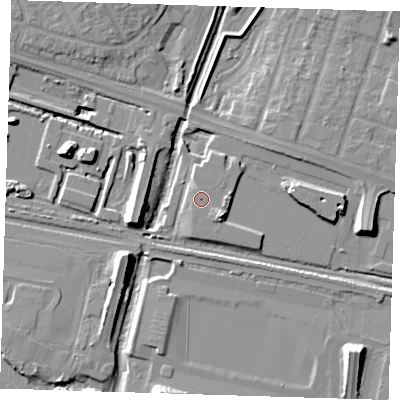 Shaded relief map of the ground around RM138XJ, computed from Environment Agency LiDAR. The ground here sits at about 4 m above sea level and falls 13 m across the surrounding 800 m. Surface water reaching this point runs off ground lying to the east-south-east, 2.5 m higher.