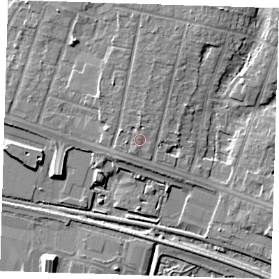 Shaded relief map of the ground around RM138XL, computed from Environment Agency LiDAR. The ground here sits at about 4 m above sea level and falls 9 m across the surrounding 800 m. Surface water reaching this point runs off ground lying to the west-south-west, 1.1 m higher.