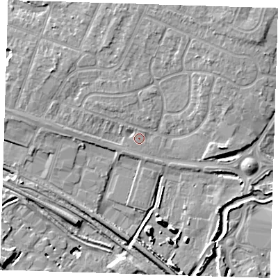 Shaded relief map of the ground around RM138YG, computed from Environment Agency LiDAR. The ground here sits at about 4 m above sea level and falls 12 m across the surrounding 800 m. Surface water reaching this point runs off ground lying to the north-north-east, 0.7 m higher.