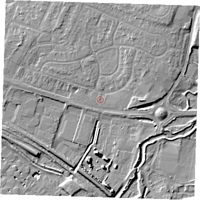 Shaded relief map of the ground around RM138YJ, computed from Environment Agency LiDAR. The ground here sits at about 4 m above sea level and falls 12 m across the surrounding 800 m. Surface water reaching this point runs off ground lying to the north-east, 4.5 m higher.