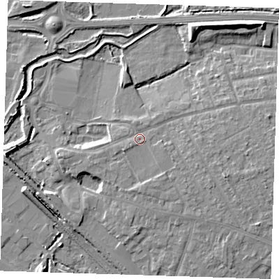 Shaded relief map of the ground around RM139AA, computed from Environment Agency LiDAR. The ground here sits at about 6 m above sea level and falls 10 m across the surrounding 800 m. Surface water reaching this point runs off ground lying to the east-south-east, 3.1 m higher.