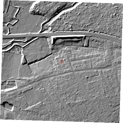 Shaded relief map of the ground around RM139AD, computed from Environment Agency LiDAR. The ground here sits at about 5 m above sea level and falls 9 m across the surrounding 800 m. Surface water reaching this point runs off ground lying to the south-east, 2.0 m higher.