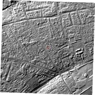 Shaded relief map of the ground around RM139AH, computed from Environment Agency LiDAR. The ground here sits at about 7 m above sea level and falls 8 m across the surrounding 800 m. Surface water reaching this point runs off ground lying to the north, 1.0 m higher.