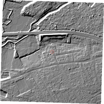 Shaded relief map of the ground around RM139AS, computed from Environment Agency LiDAR. The ground here sits at about 5 m above sea level and falls 9 m across the surrounding 800 m. Surface water reaching this point runs off ground lying to the east, 2.7 m higher.