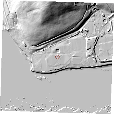 Shaded relief map of the ground around RM139BJ, computed from Environment Agency LiDAR. The ground here sits at about 7 m above sea level and falls 39 m across the surrounding 800 m. Surface water reaching this point runs off ground lying to the west-north-west, 1.5 m higher.