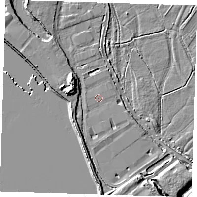 Shaded relief map of the ground around RM139BP, computed from Environment Agency LiDAR. The ground here sits at about 3 m above sea level and falls 11 m across the surrounding 800 m. Surface water reaching this point runs off ground lying to the south, 1.3 m higher.