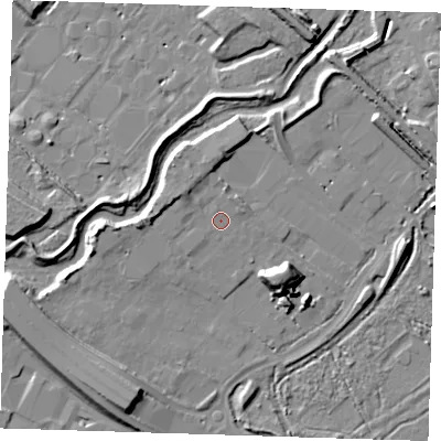 Shaded relief map of the ground around RM139BU, computed from Environment Agency LiDAR. The ground here sits at about 4 m above sea level and falls 12 m across the surrounding 800 m. Surface water reaching this point runs off ground lying to the north-west, 2.7 m higher.