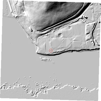 Shaded relief map of the ground around RM139DA, computed from Environment Agency LiDAR. The ground here sits at about 6 m above sea level and falls 32 m across the surrounding 800 m. Surface water reaching this point runs off ground lying to the north-north-east, 1.3 m higher.