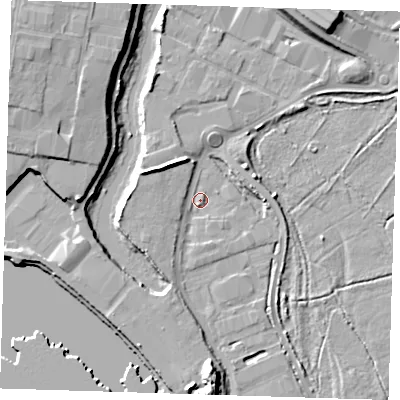 Shaded relief map of the ground around RM139DB, computed from Environment Agency LiDAR. The ground here sits at about 3 m above sea level and falls 12 m across the surrounding 800 m. Surface water reaching this point runs off ground lying to the west, 3.8 m higher.