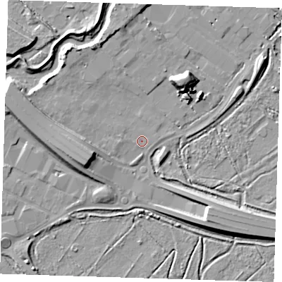 Shaded relief map of the ground around RM139DD, computed from Environment Agency LiDAR. The ground here sits at about 2 m above sea level and falls 11 m across the surrounding 800 m. Surface water reaching this point runs off ground lying to the west-south-west, 7.2 m higher.