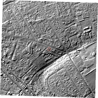 Shaded relief map of the ground around RM139DG, computed from Environment Agency LiDAR. The ground here sits at about 6 m above sea level and falls 8 m across the surrounding 800 m. Surface water reaching this point runs off ground lying to the north-west, 2.3 m higher.