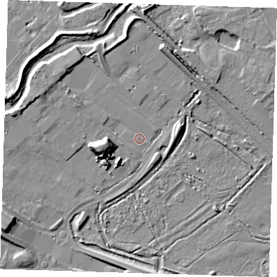 Shaded relief map of the ground around RM139DH, computed from Environment Agency LiDAR. The ground here sits at about 2 m above sea level and falls 12 m across the surrounding 800 m. Surface water reaching this point runs off ground lying to the north-west, 4.8 m higher.