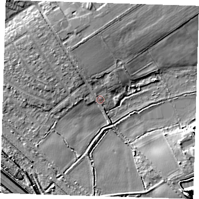 Shaded relief map of the ground around RM139DQ, computed from Environment Agency LiDAR. The ground here sits at about 3 m above sea level and falls 9 m across the surrounding 800 m. Surface water reaching this point runs off ground lying to the north, 4.7 m higher.