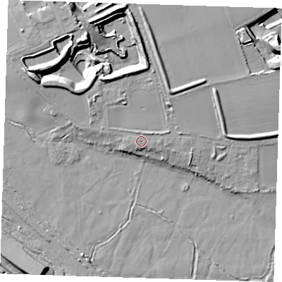 Shaded relief map of the ground around RM139DT, computed from Environment Agency LiDAR. The ground here sits at about 5 m above sea level and falls 16 m across the surrounding 800 m. Surface water reaching this point runs off ground lying to the east-north-east, 1.4 m higher.