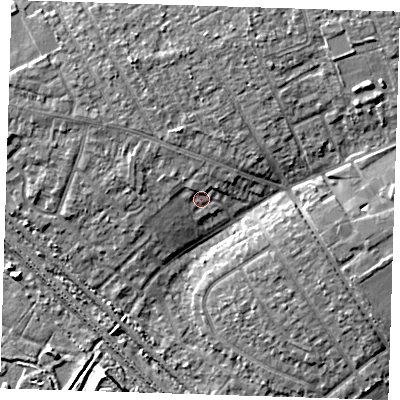 Shaded relief map of the ground around RM139FQ, computed from Environment Agency LiDAR. The ground here sits at about 4 m above sea level and falls 8 m across the surrounding 800 m. Surface water reaching this point runs off ground lying to the north-north-east, 1.9 m higher.