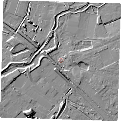 Shaded relief map of the ground around RM139GX, computed from Environment Agency LiDAR. The ground here sits at about 3 m above sea level and falls 12 m across the surrounding 800 m. Surface water reaching this point runs off ground lying to the east-north-east, 5.4 m higher.