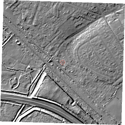 Shaded relief map of the ground around RM139GY, computed from Environment Agency LiDAR. The ground here sits at about 1 m above sea level and falls 8 m across the surrounding 800 m. Surface water reaching this point runs off ground lying to the north, 5.6 m higher.