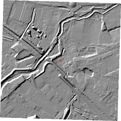Shaded relief map of the ground around RM139GZ, computed from Environment Agency LiDAR. The ground here sits at about 2 m above sea level and falls 12 m across the surrounding 800 m. Surface water reaching this point runs off ground lying to the east, 5.4 m higher.