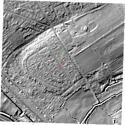 Shaded relief map of the ground around RM139HD, computed from Environment Agency LiDAR. The ground here sits at about 5 m above sea level and falls 8 m across the surrounding 800 m. Surface water reaching this point runs off ground lying to the north, 1.3 m higher.