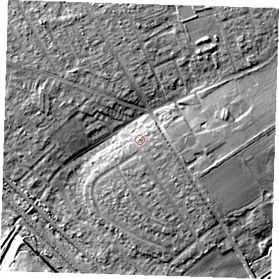 Shaded relief map of the ground around RM139HE, computed from Environment Agency LiDAR. The ground here sits at about 5 m above sea level and falls 8 m across the surrounding 800 m. Surface water reaching this point runs off ground lying to the east-south-east, 2.0 m higher.