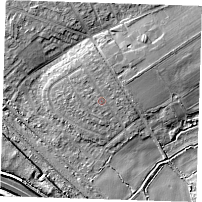 Shaded relief map of the ground around RM139HF, computed from Environment Agency LiDAR. The ground here sits at about 5 m above sea level and falls 8 m across the surrounding 800 m. Surface water reaching this point runs off ground lying to the north, 1.4 m higher.
