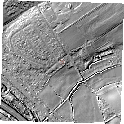 Shaded relief map of the ground around RM139HG, computed from Environment Agency LiDAR. The ground here sits at about 4 m above sea level and falls 8 m across the surrounding 800 m. Surface water reaching this point runs off ground lying to the north, 1.5 m higher.