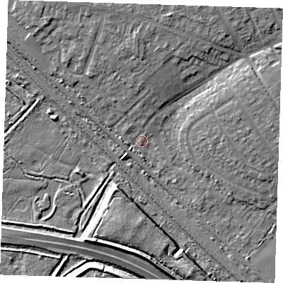 Shaded relief map of the ground around RM139HN, computed from Environment Agency LiDAR. The ground here sits at about 2 m above sea level and falls 8 m across the surrounding 800 m. Surface water reaching this point runs off ground lying to the north-north-west, 5.8 m higher.