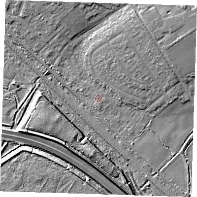Shaded relief map of the ground around RM139HP, computed from Environment Agency LiDAR. The ground here sits at about 2 m above sea level and falls 8 m across the surrounding 800 m. Surface water reaching this point runs off ground lying to the north-north-west, 0.7 m higher.