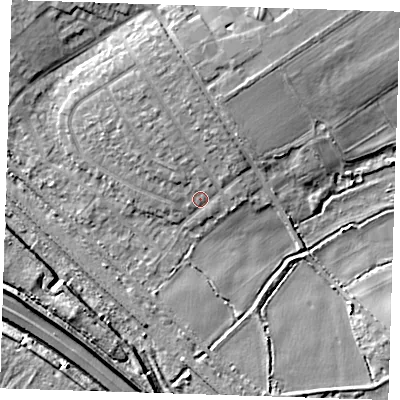 Shaded relief map of the ground around RM139HQ, computed from Environment Agency LiDAR. The ground here sits at about 3 m above sea level and falls 8 m across the surrounding 800 m. Surface water reaching this point runs off ground lying to the north, 3.8 m higher.