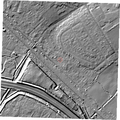 Shaded relief map of the ground around RM139HR, computed from Environment Agency LiDAR. The ground here sits at about 2 m above sea level and falls 8 m across the surrounding 800 m. Surface water reaching this point runs off ground lying to the north-east, 5.6 m higher.