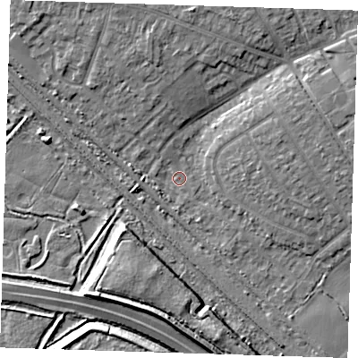 Shaded relief map of the ground around RM139HS, computed from Environment Agency LiDAR. The ground here sits at about 2 m above sea level and falls 8 m across the surrounding 800 m. Surface water reaching this point runs off ground lying to the north, 6.4 m higher.