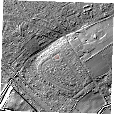 Shaded relief map of the ground around RM139HT, computed from Environment Agency LiDAR. The ground here sits at about 5 m above sea level and falls 8 m across the surrounding 800 m. Surface water reaching this point runs off ground lying to the east-north-east, 1.1 m higher.