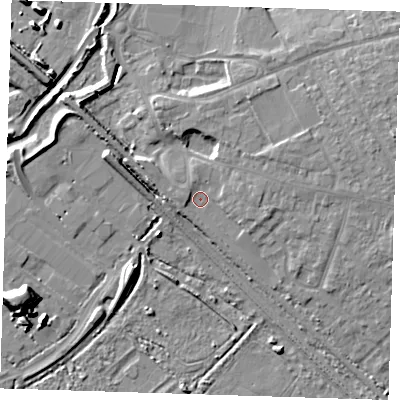 Shaded relief map of the ground around RM139JA, computed from Environment Agency LiDAR. The ground here sits at about 4 m above sea level and falls 12 m across the surrounding 800 m. Surface water reaching this point runs off ground lying to the east-north-east, 3.3 m higher.