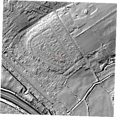 Shaded relief map of the ground around RM139JB, computed from Environment Agency LiDAR. The ground here sits at about 4 m above sea level and falls 8 m across the surrounding 800 m. Surface water reaching this point runs off ground lying to the north, 1.8 m higher.