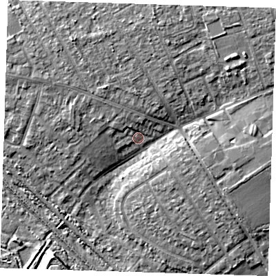 Shaded relief map of the ground around RM139JE, computed from Environment Agency LiDAR. The ground here sits at about 4 m above sea level and falls 8 m across the surrounding 800 m. Surface water reaching this point runs off ground lying to the north-north-west, 2.7 m higher.