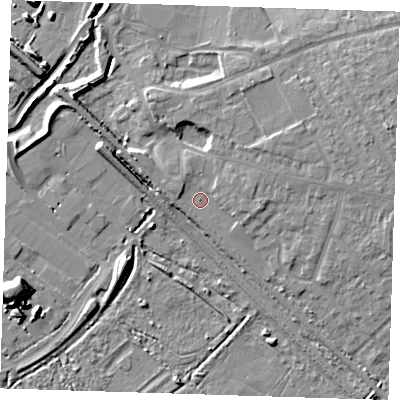Shaded relief map of the ground around RM139JF, computed from Environment Agency LiDAR. The ground here sits at about 4 m above sea level and falls 12 m across the surrounding 800 m. Surface water reaching this point runs off ground lying to the north-east, 3.3 m higher.