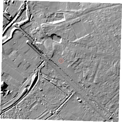 Shaded relief map of the ground around RM139JG, computed from Environment Agency LiDAR. The ground here sits at about 4 m above sea level and falls 12 m across the surrounding 800 m. Surface water reaching this point runs off ground lying to the north-east, 3.3 m higher.