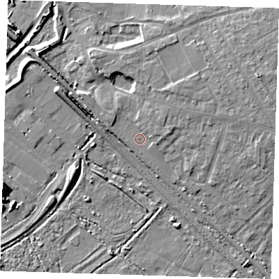 Shaded relief map of the ground around RM139JQ, computed from Environment Agency LiDAR. The ground here sits at about 4 m above sea level and falls 11 m across the surrounding 800 m. Surface water reaching this point runs off ground lying to the north-east, 3.4 m higher.