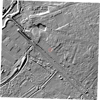 Shaded relief map of the ground around RM139JW, computed from Environment Agency LiDAR. The ground here sits at about 4 m above sea level and falls 8 m across the surrounding 800 m. Surface water reaching this point runs off ground lying to the north-north-east, 3.4 m higher.