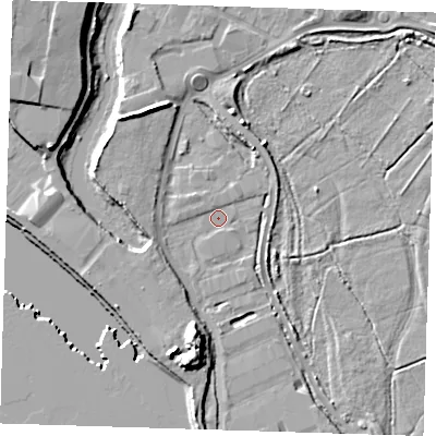 Shaded relief map of the ground around RM139LP, computed from Environment Agency LiDAR. The ground here sits at about 2 m above sea level and falls 11 m across the surrounding 800 m. Surface water reaching this point runs off ground lying to the south-south-west, 3.2 m higher.