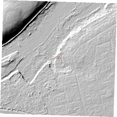 Shaded relief map of the ground around RM139LT, computed from Environment Agency LiDAR. The ground here sits at about 5 m above sea level and falls 23 m across the surrounding 800 m. Surface water reaching this point runs off ground lying to the east, 3.5 m higher.