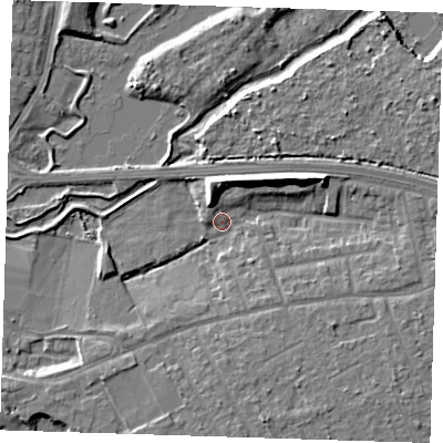 Shaded relief map of the ground around RM139NF, computed from Environment Agency LiDAR. The ground here sits at about 4 m above sea level and falls 9 m across the surrounding 800 m. Surface water reaching this point runs off ground lying to the east-north-east, 8.4 m higher.
